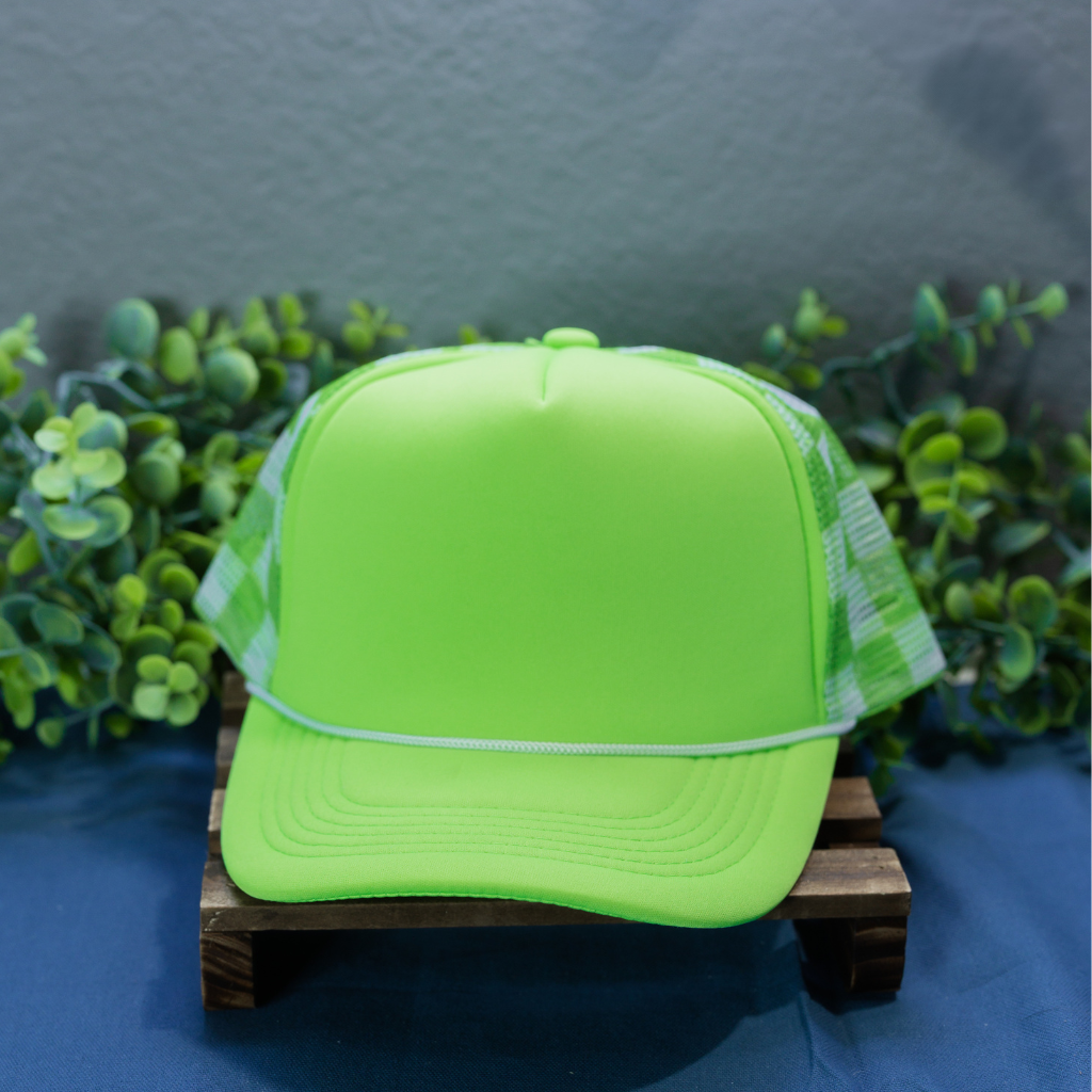 Neon Green Checkered Hat With Solid Front