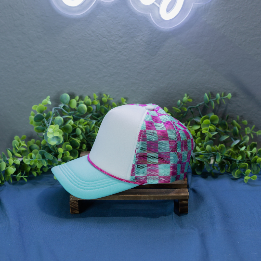Aqua & Pink Checkered Hat