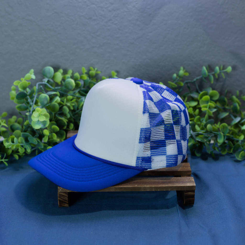 Royal Blue and White Checkered Hat