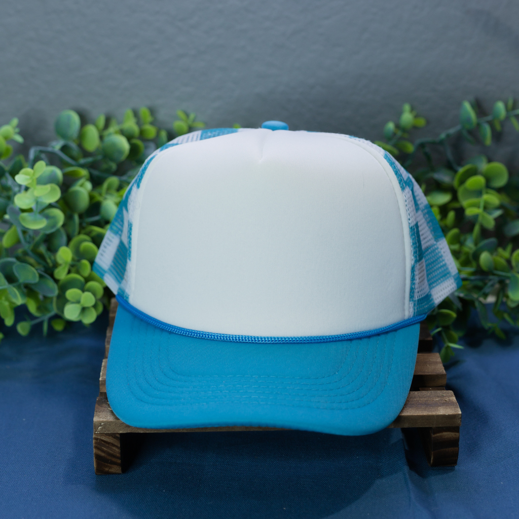 Blue Checkered Hat With White Front