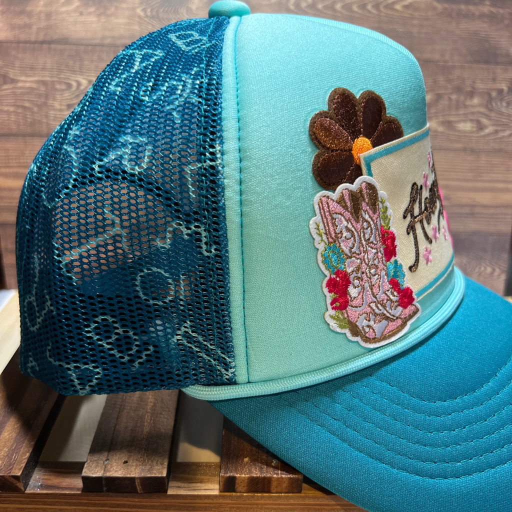 Turquoise Trucker Hat with Cowgirl Patches