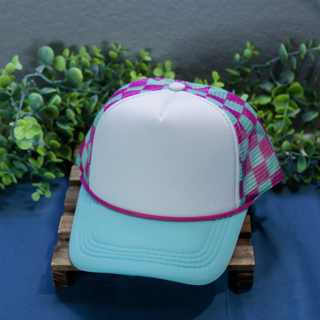 Aqua & Pink Checkered Hat