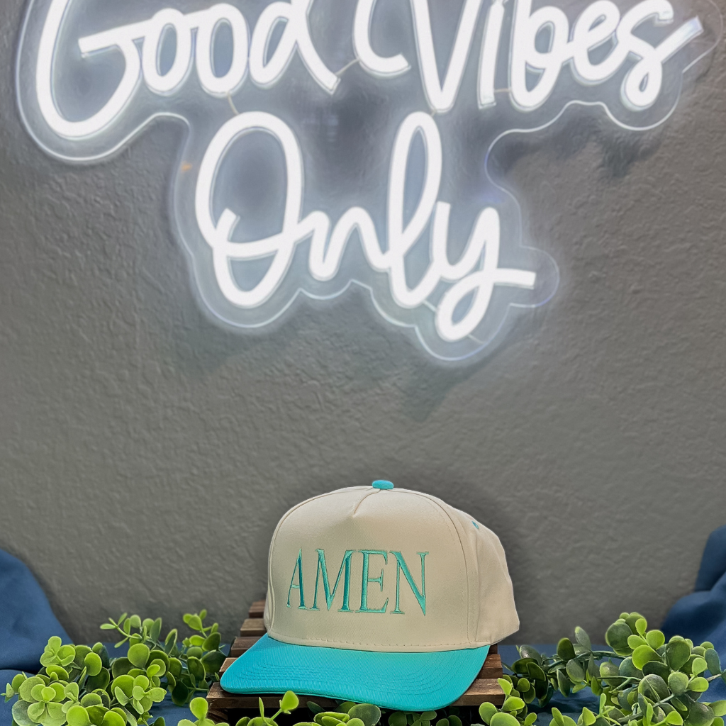Aqua Amen Embroidered Hat