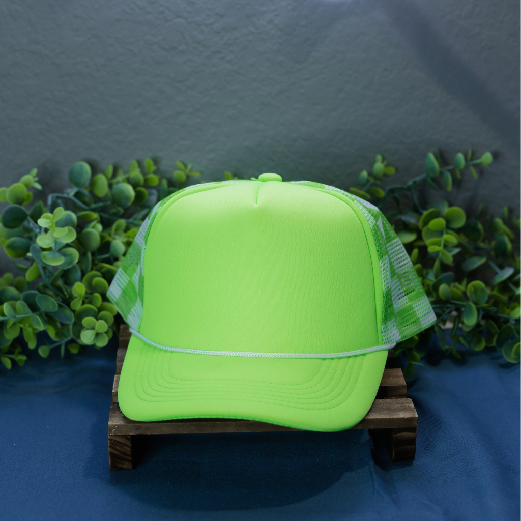 Neon Green Checkered Hat With Solid Front