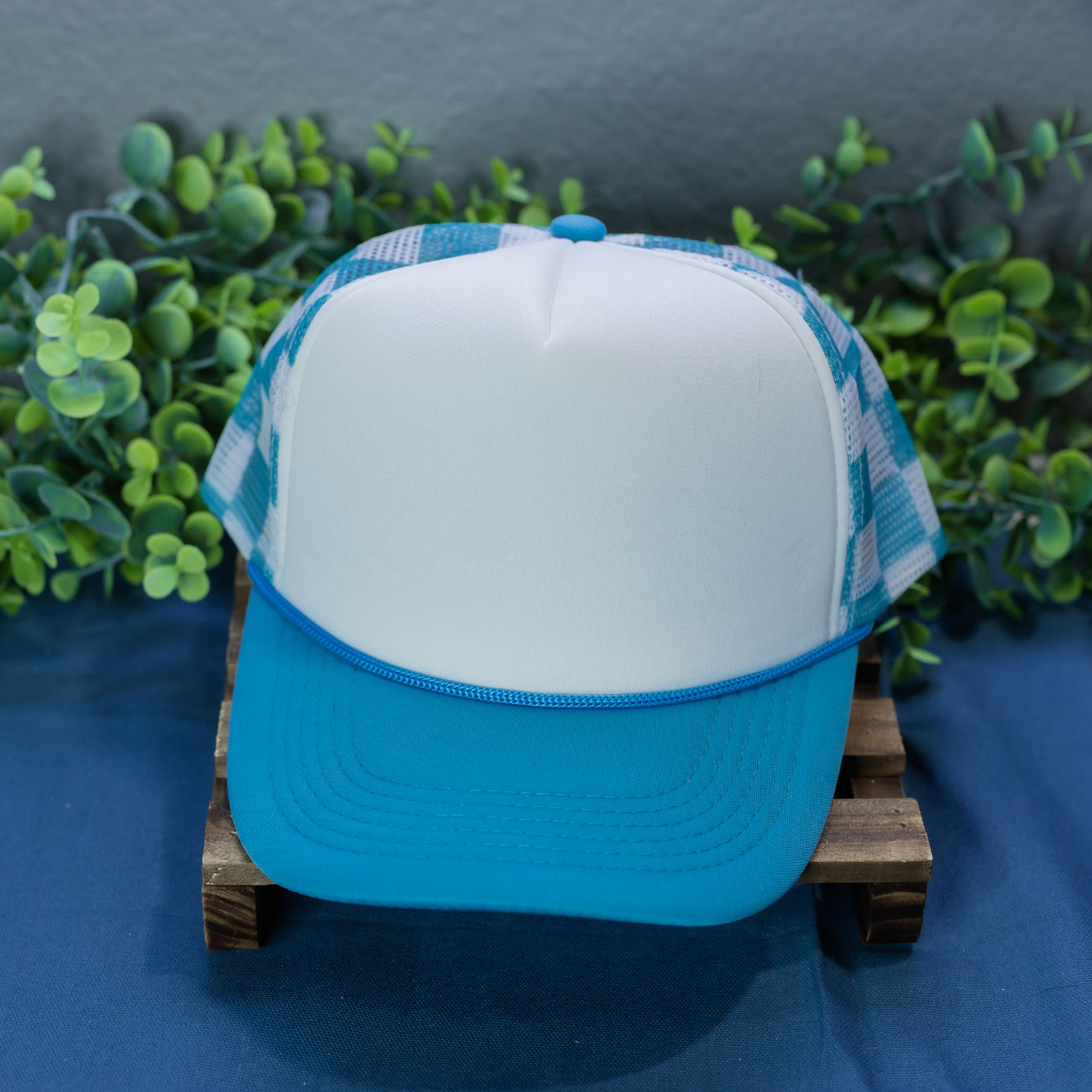 Blue Checkered Hat With White Front